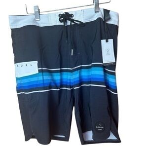 Rip Curl Mens Boardshorts Swim Trunks 19” Black with Blue Stripes size 31 NWT